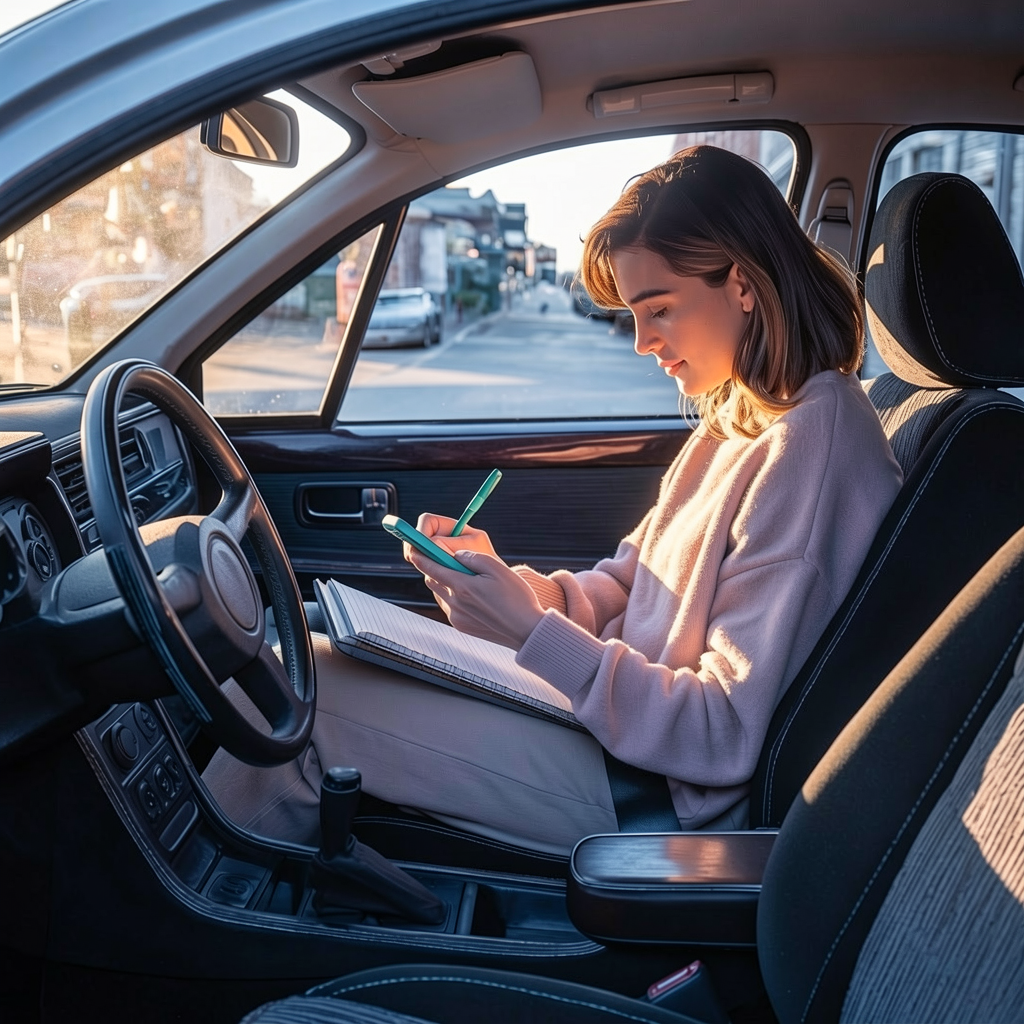 A woman documenting events from her car